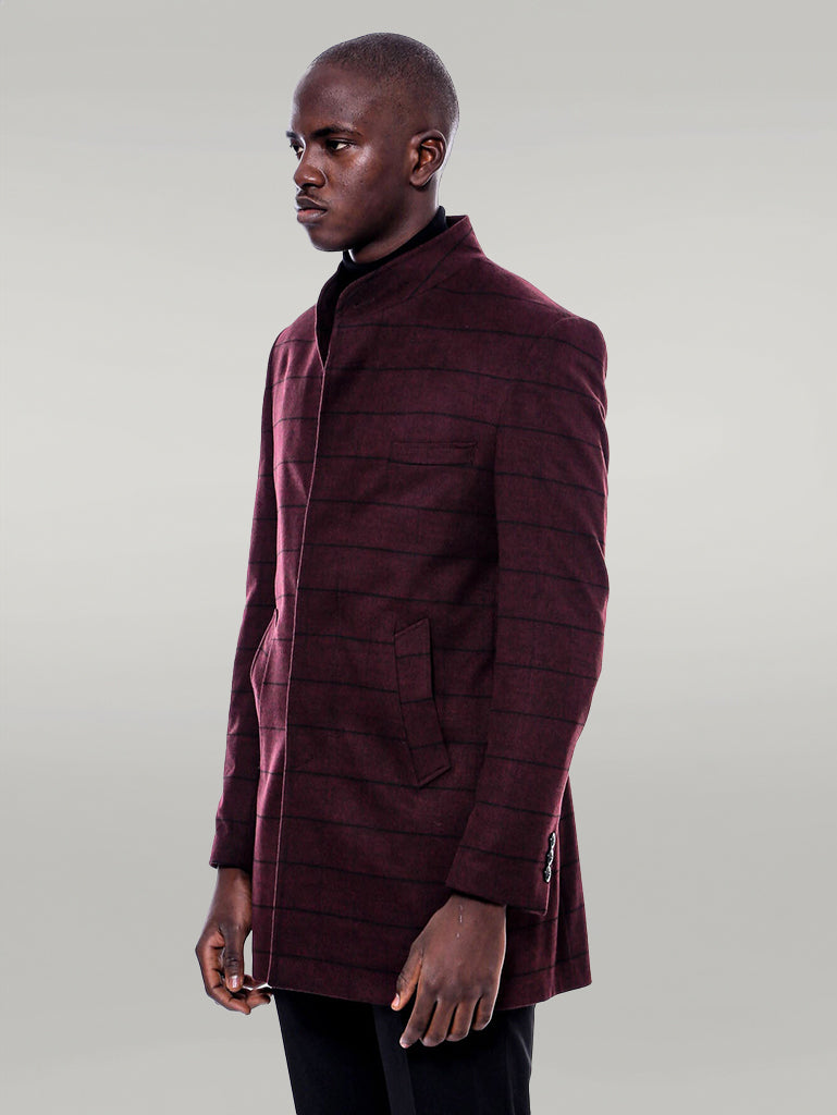 Cappotto a quadri bordeaux con colletto alla coreana - Wessi