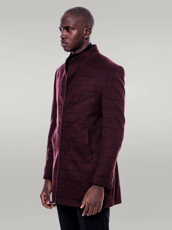 Cappotto a quadri bordeaux con colletto alla coreana - Wessi