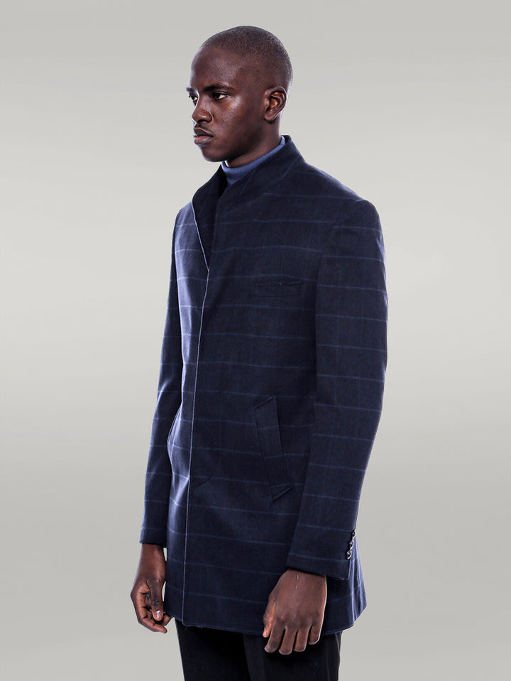 Cappotto a quadri blu scuro con colletto alla coreana - Wessi