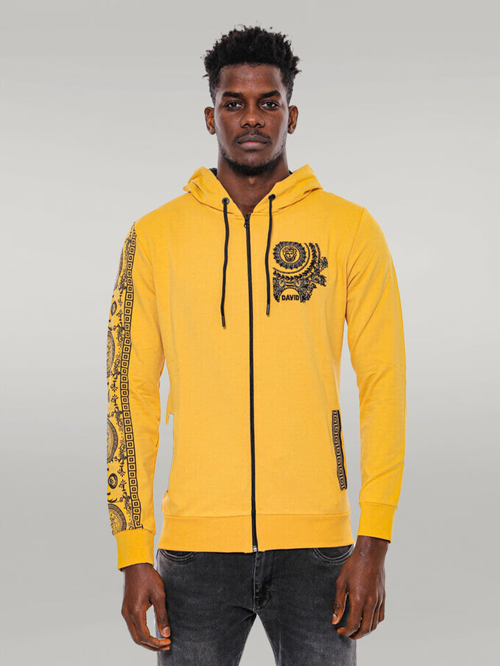 Patterned Hooded Zippered Yellow Sweatshirt - Wessi
