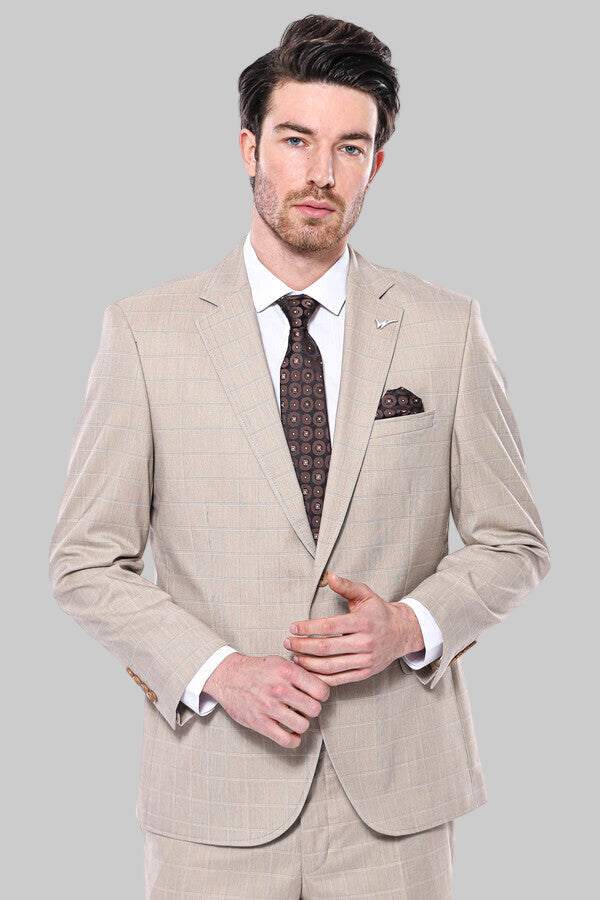 4 Drop Checked Regular Fit Beige Suit - Wessi