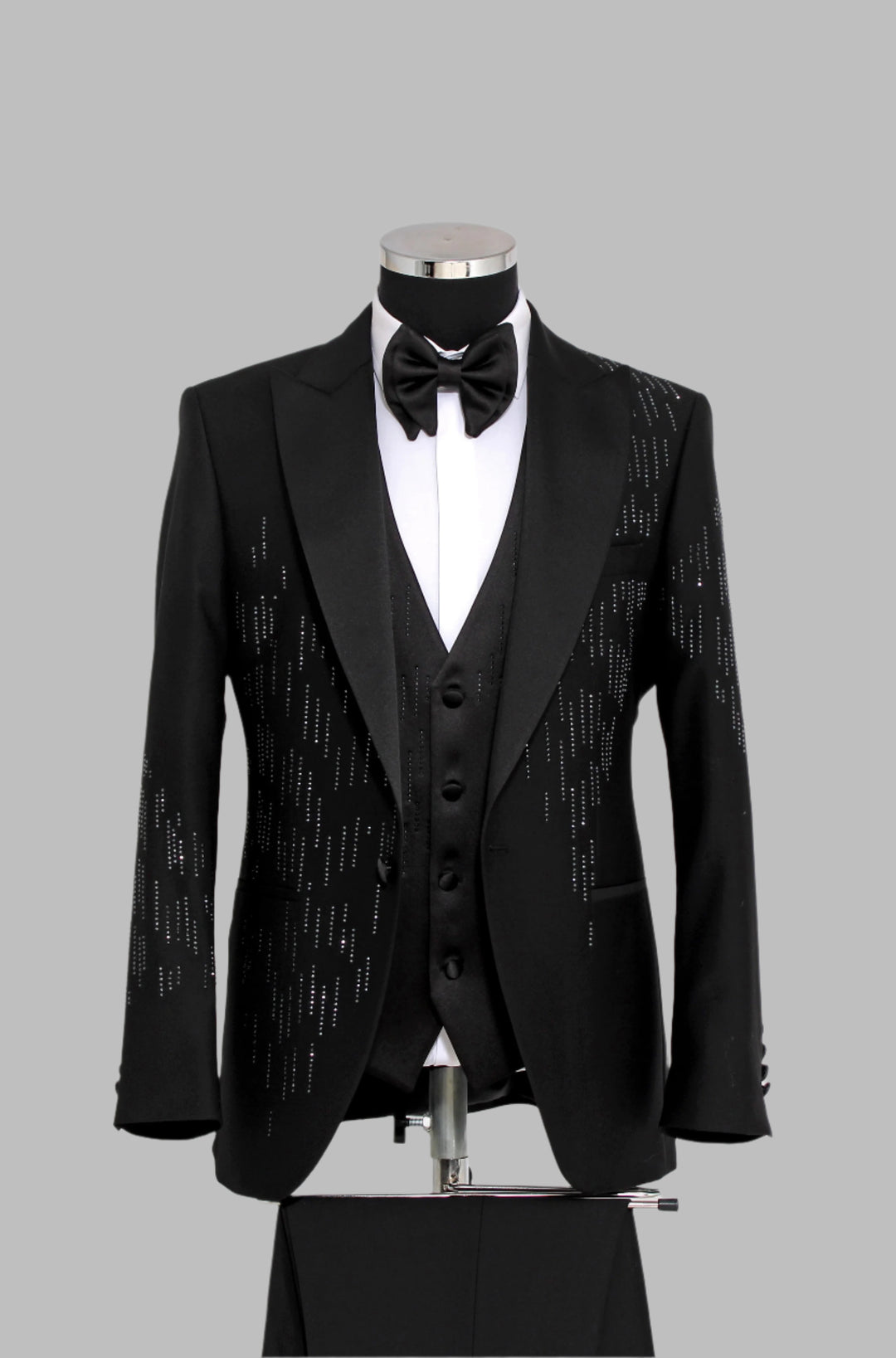 3 Piece Satin Shawl Lapel Rhinestone Detailed Black Men Tuxedo - Wessi