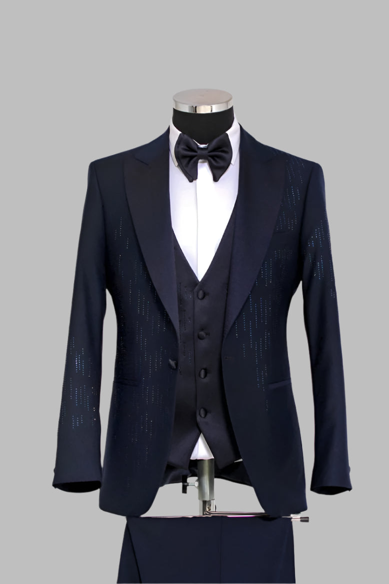 3 Piece Satin Shawl Lapel Rhinestone Detailed Navy Blue Men Tuxedo - Wessi