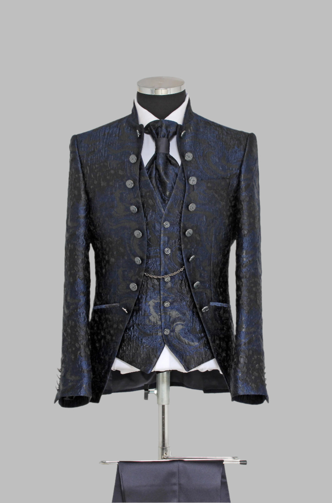 3 Piece Textured Jacquard Mandarin Collar Navy Blue Men Tuxedo – Wessi