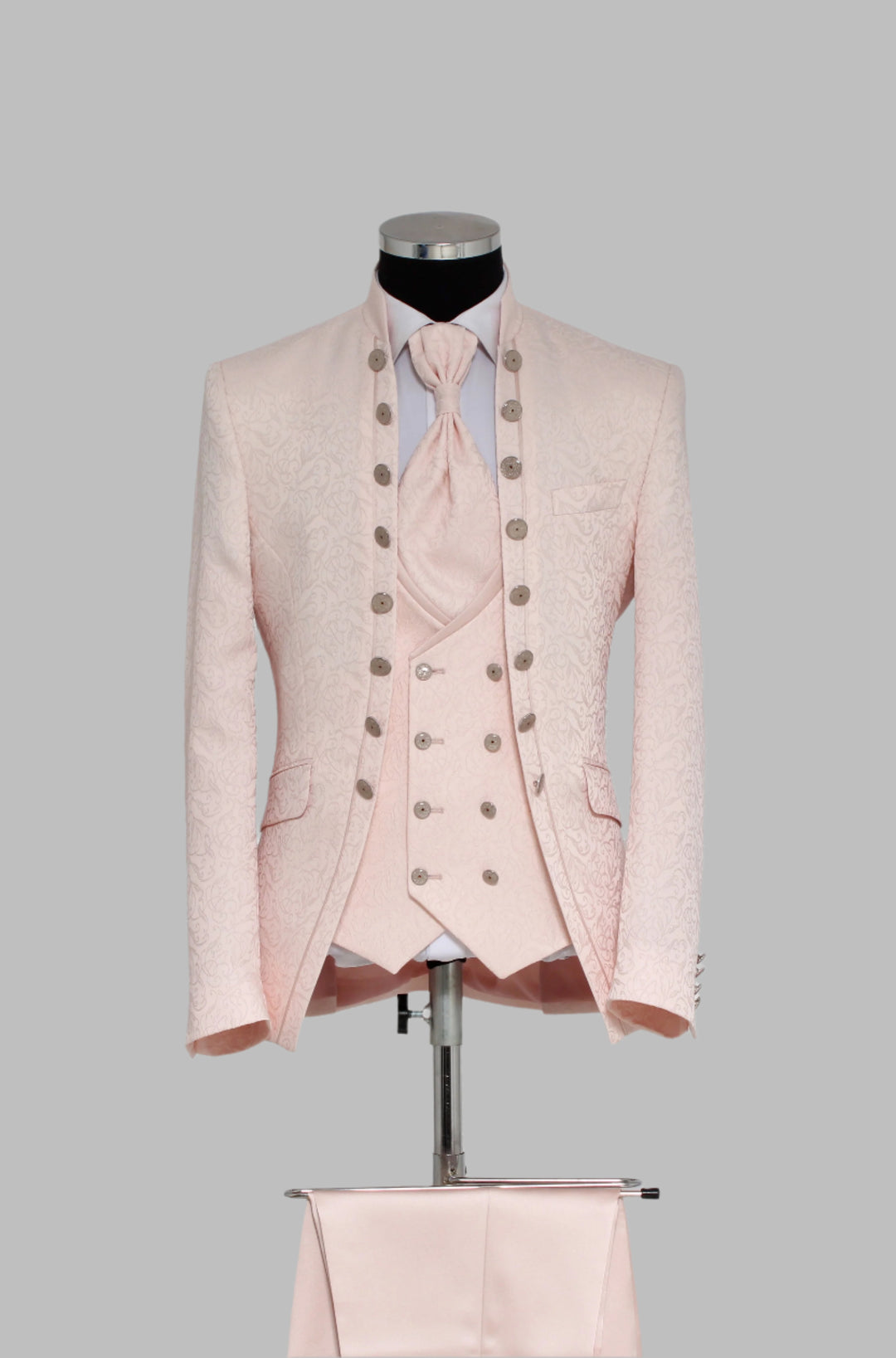 3 Piece Floral Jacquard Mandarin Collar Blush Pink Men Tuxedo - Wessi