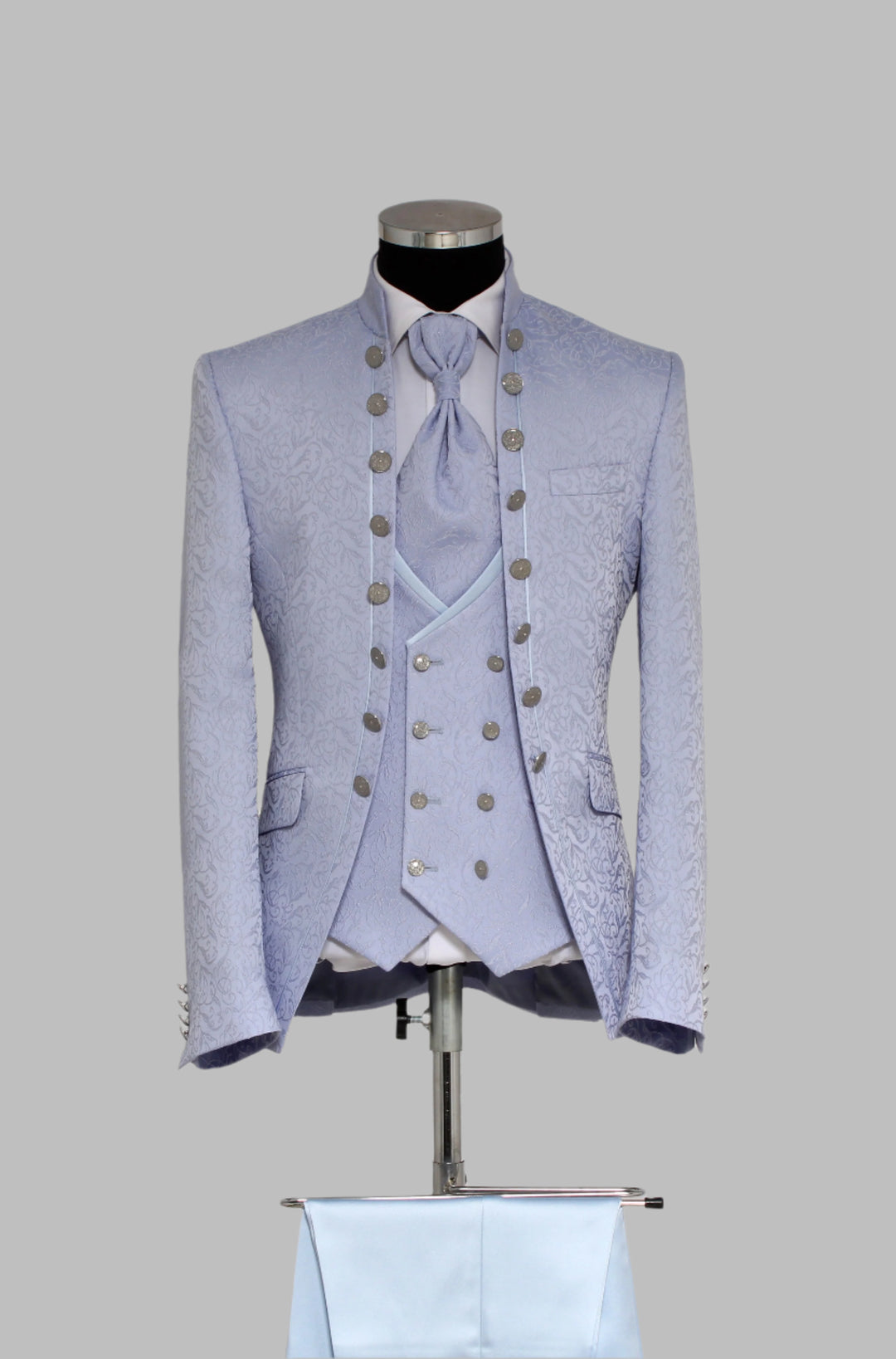 3 Piece Floral Jacquard Mandarin Collar Lavender Blue Men Tuxedo – Wessi