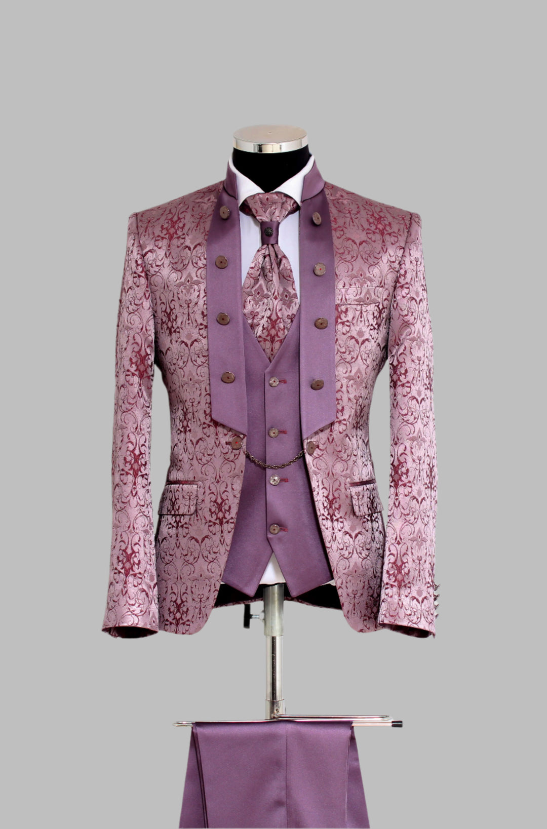 3 Piece Metallic Jacquard Mandarin Collar Dusty Mauve Men Tuxedo – Wessi