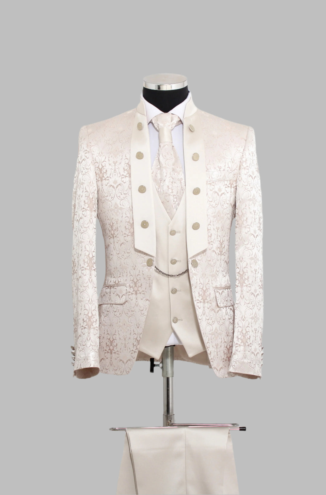 3 Piece Metallic Jacquard Mandarin Collar Champagne Cream Men Tuxedo – Wessi