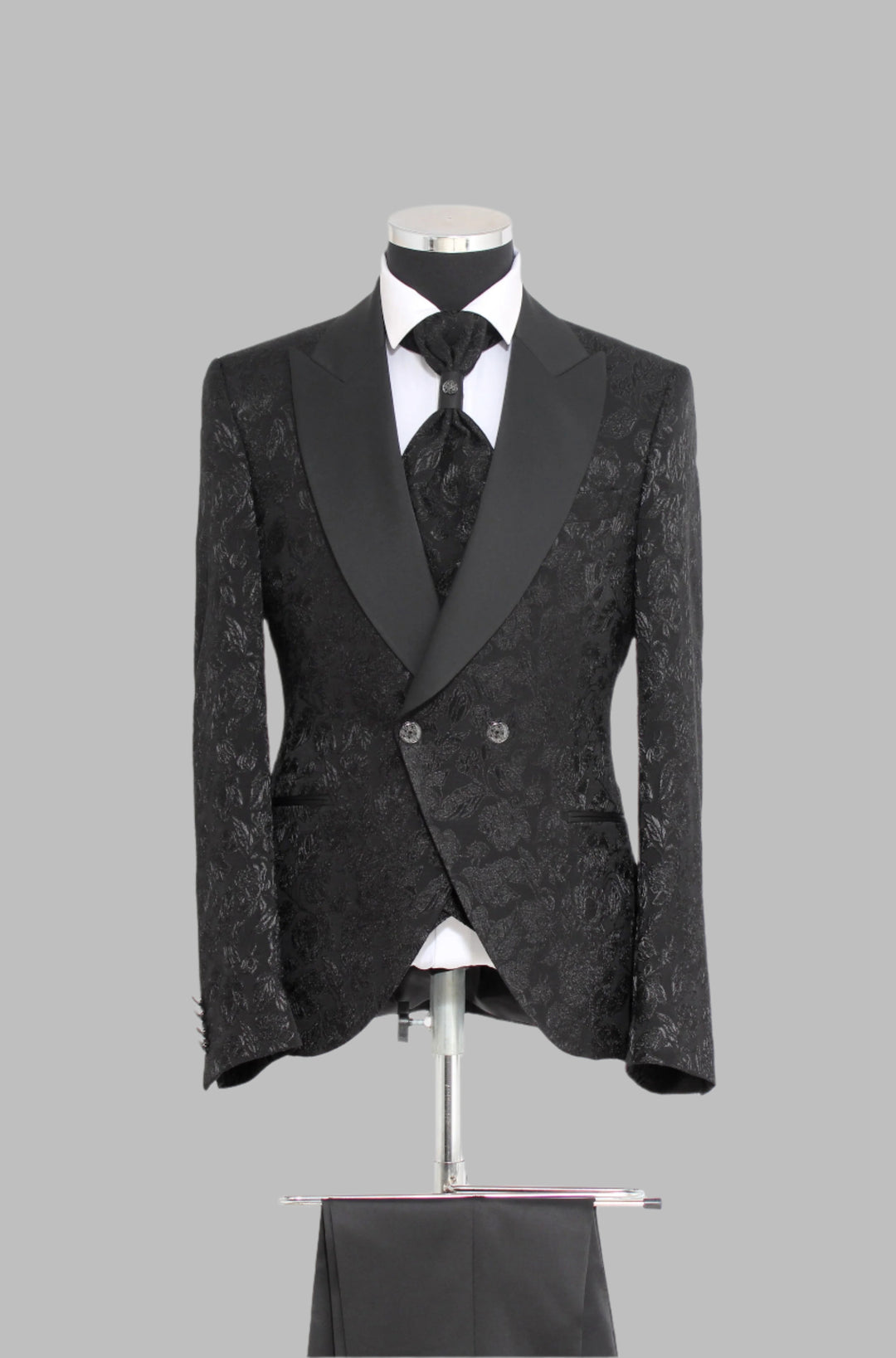 3 Piece Floral Jacquard Wide Satin Shawl Lapel Black Men Tuxedo – Wessi