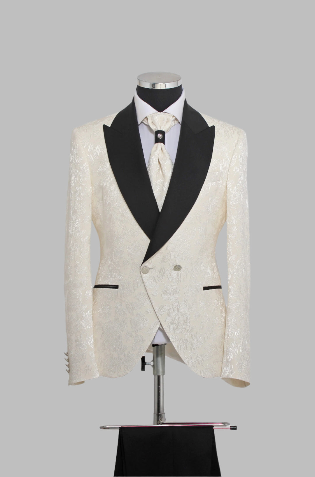 3 Piece Floral Jacquard  Black Wide Satin Shawl Lapel Cream Men Tuxedo – Wessi