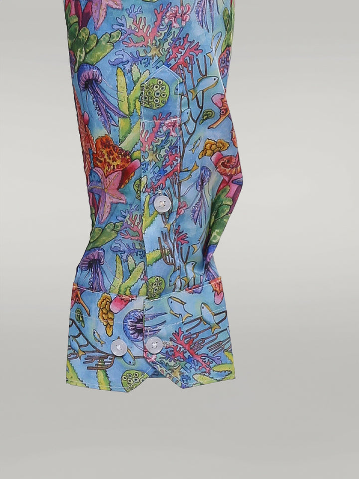 Camisa Azul Marino Estampado Floral Rojo Slim-Fit Manga Larga - Wessi