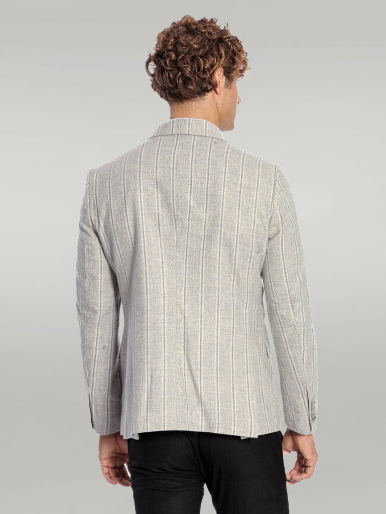 Wide Lapel Striped Double Breasted Grey Men Blazer - Wessi