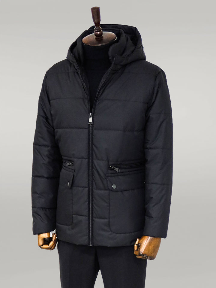 Slim Fit Hooded Black Men Coat - Wessi