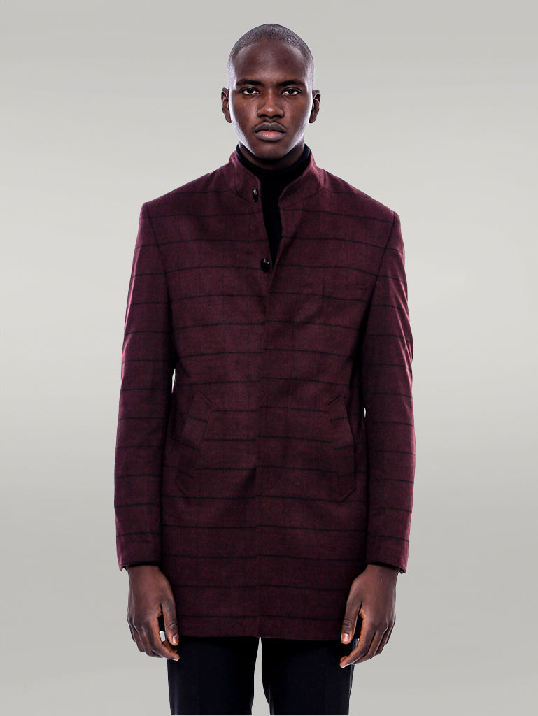 Cappotto a quadri bordeaux con colletto alla coreana - Wessi