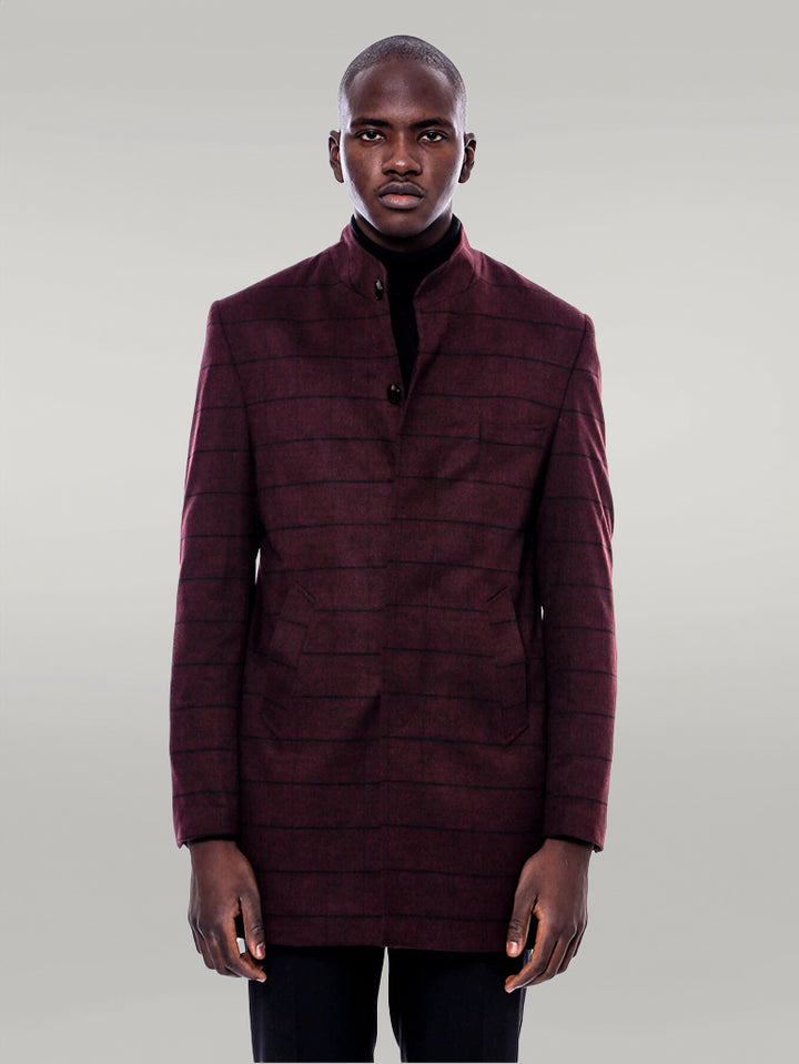 Cappotto a quadri bordeaux con colletto alla coreana - Wessi