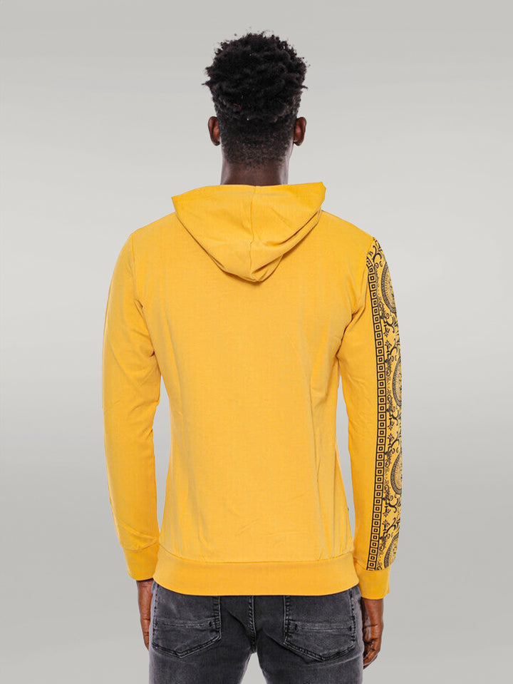 Patterned Hooded Zippered Yellow Sweatshirt - Wessi