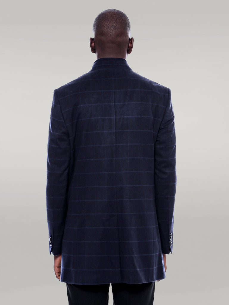 Cappotto a quadri blu scuro con colletto alla coreana - Wessi