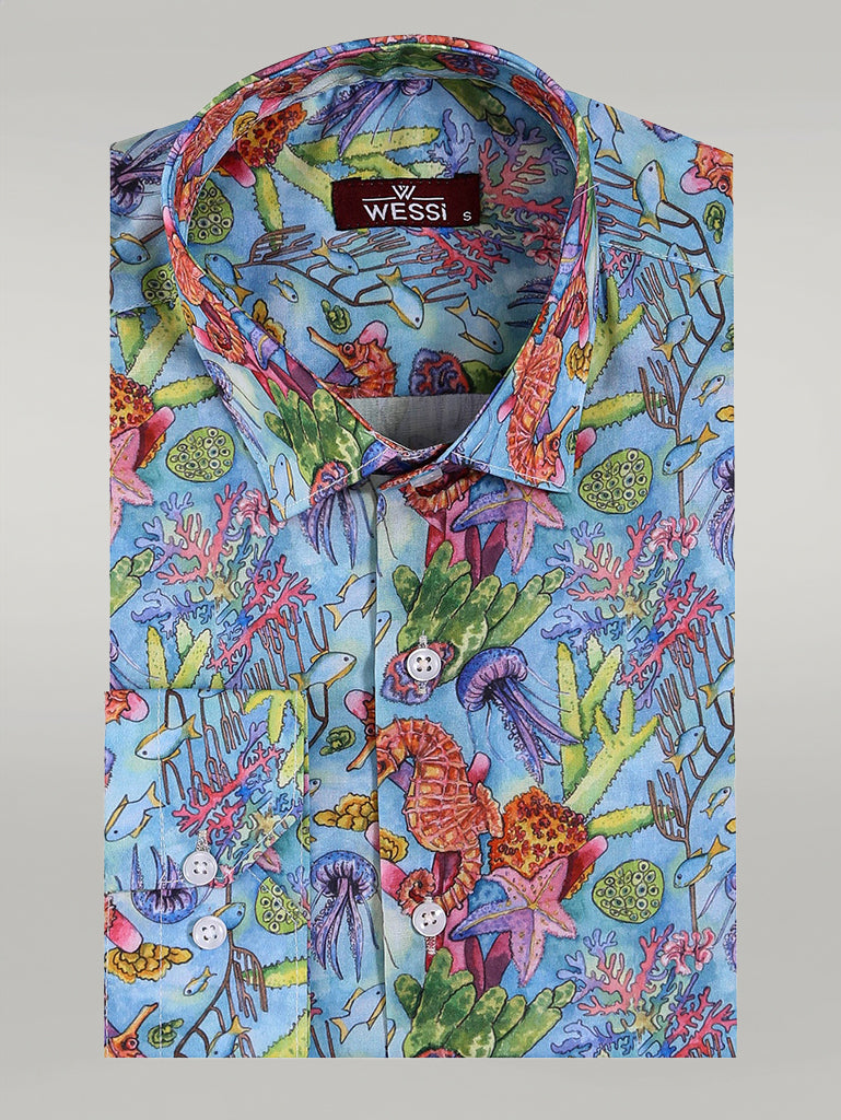 Camisa Azul Marino Estampado Floral Rojo Slim-Fit Manga Larga - Wessi