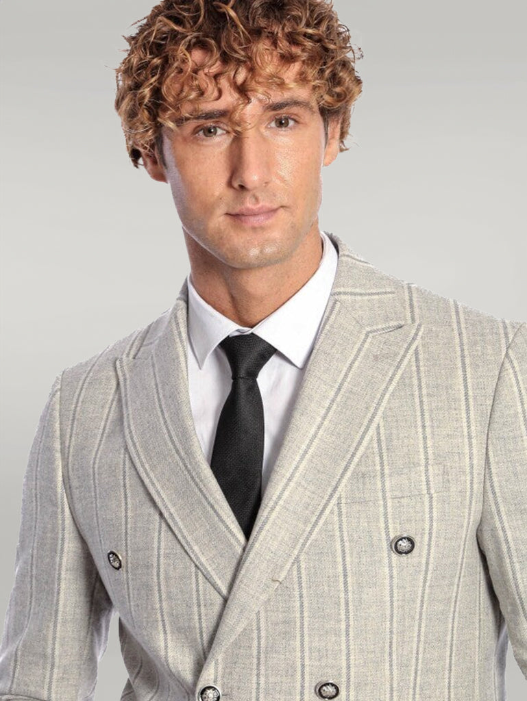 Wide Lapel Striped Double Breasted Grey Men Blazer - Wessi
