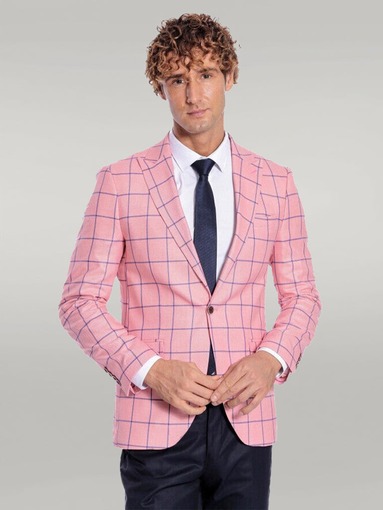 Blazer de hombre rosa slim fit con estampado de cuadros azules - Wessi