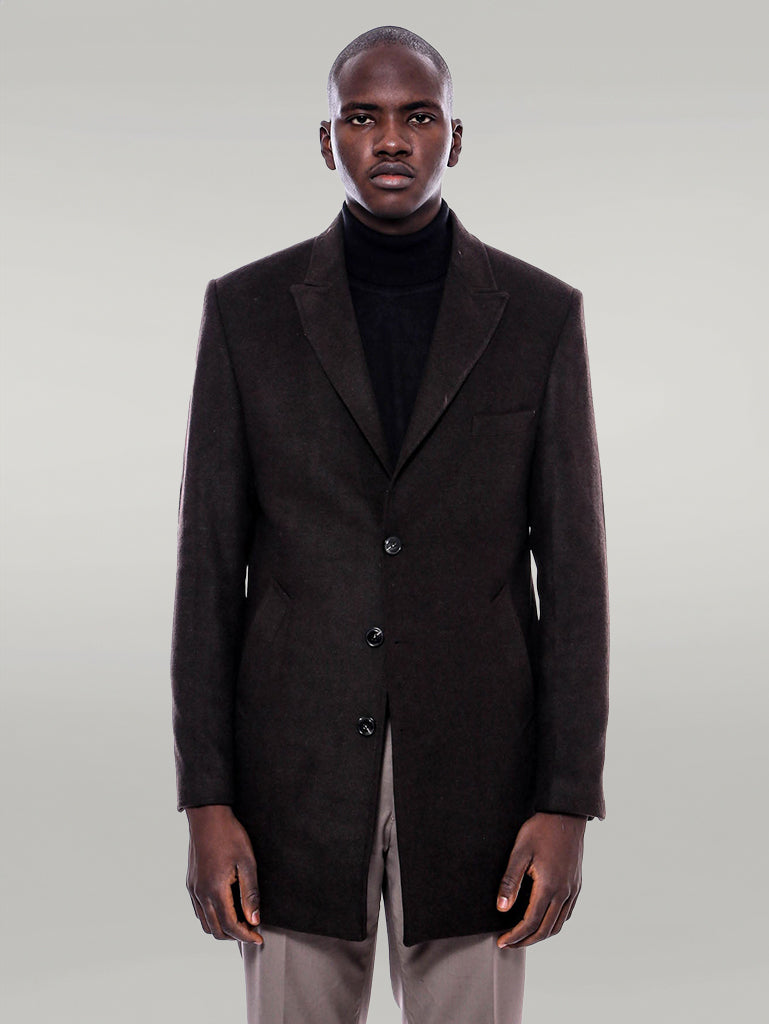 Wide Pointed Collar Over Knee Brown Men Coat - Wessi