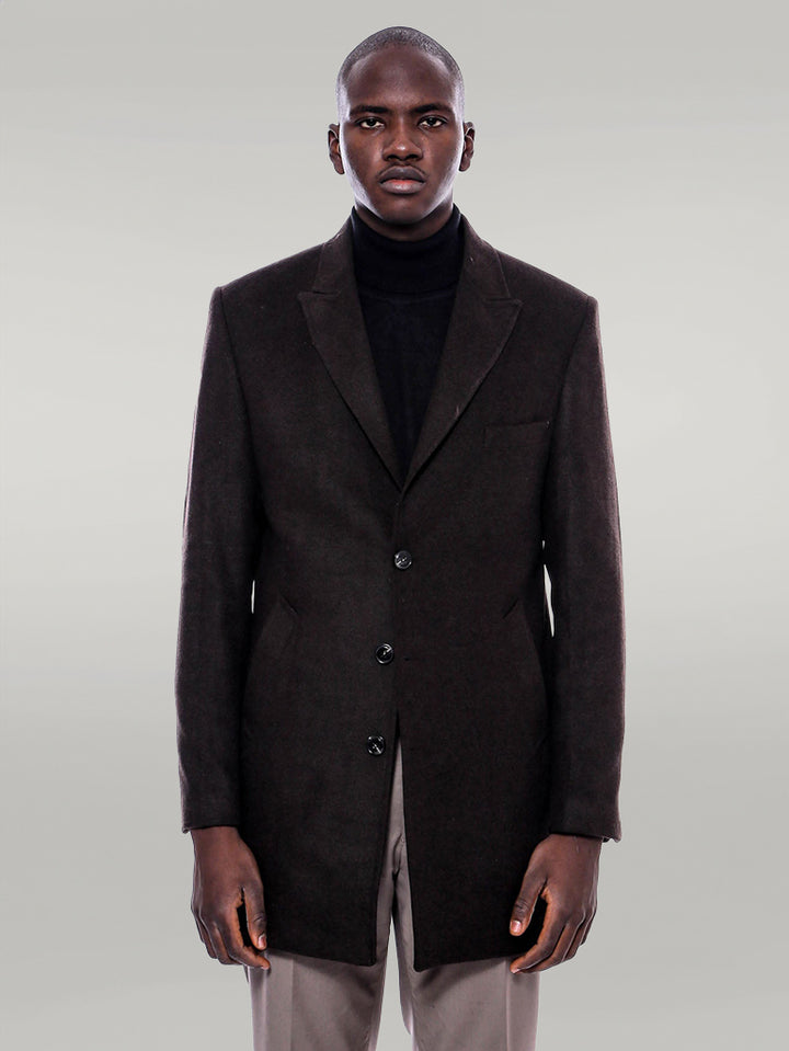Wide Pointed Collar Over Knee Brown Men Coat - Wessi