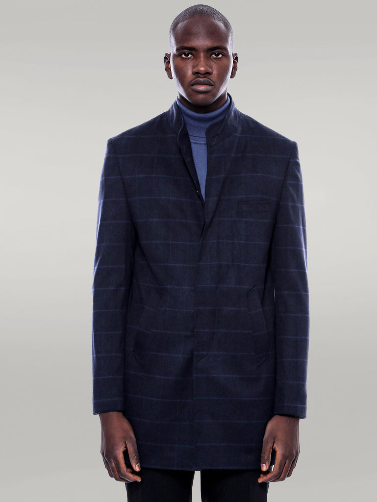 Cappotto a quadri blu scuro con colletto alla coreana - Wessi