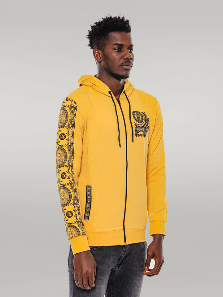 Patterned Hooded Zippered Yellow Sweatshirt - Wessi