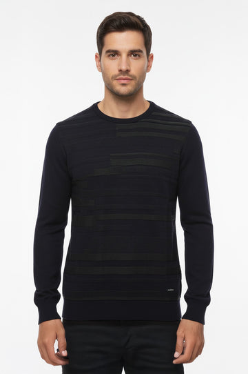 Navy Chest Patterned Circle Neck Sweater - Wessi