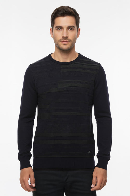 Navy Chest Patterned Circle Neck Sweater - Wessi