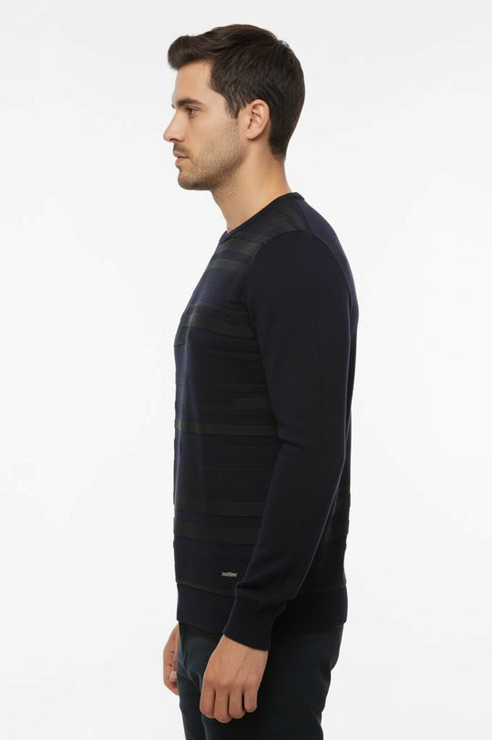 Navy Chest Patterned Circle Neck Sweater - Wessi