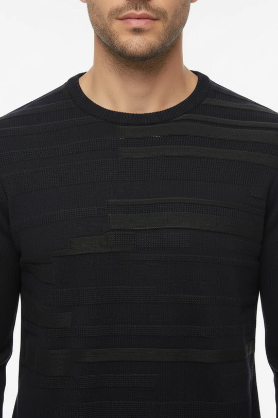 Navy Chest Patterned Circle Neck Sweater - Wessi