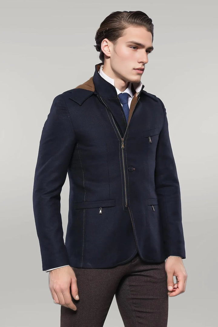 Cappotto corto da uomo in lana blu navy con 3 tasche con cappuccio e cerniera-Wessi