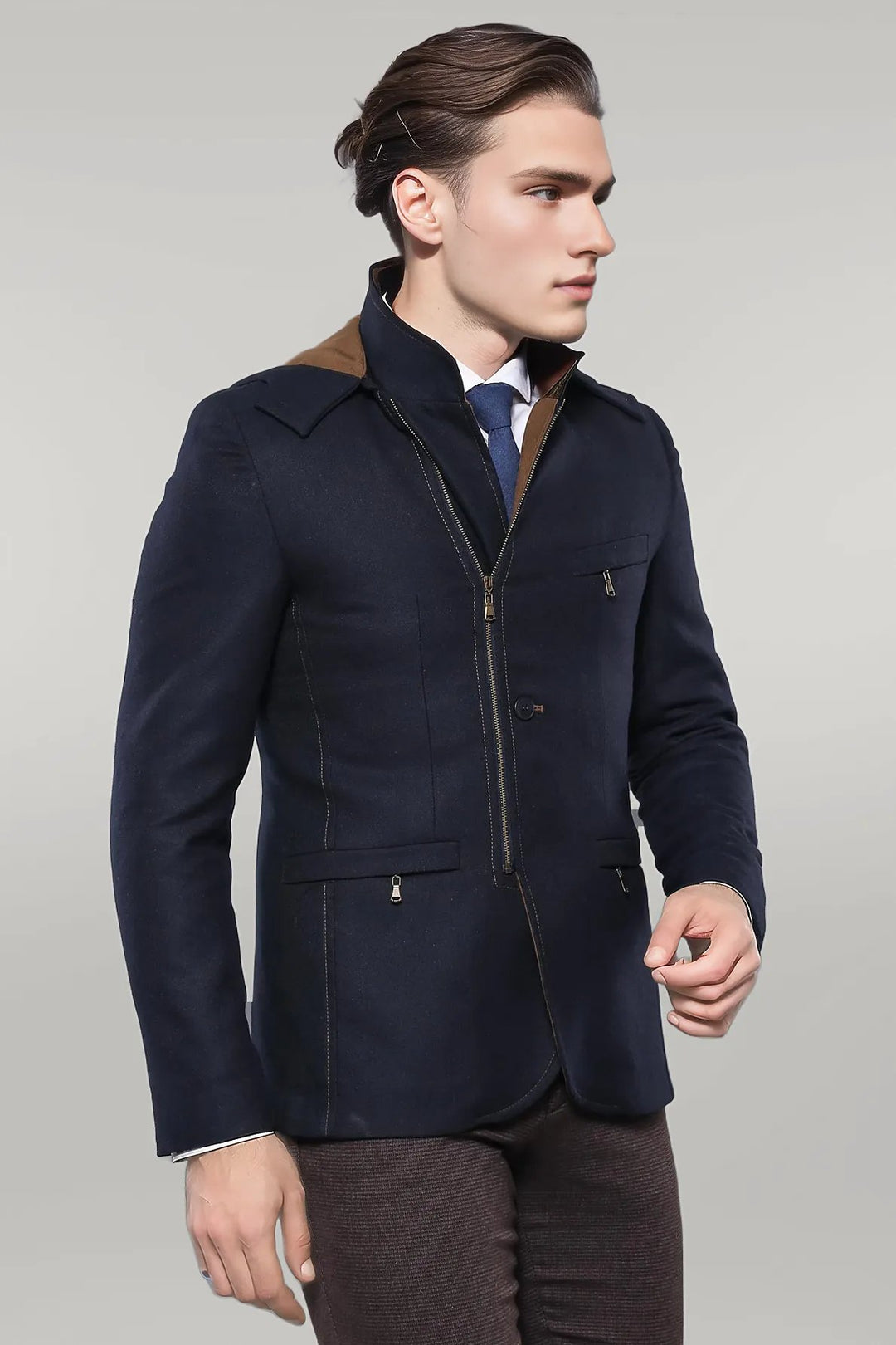 3 Pockets Hooded Zippered Wool Navy Blue Men Short Coat-Wessi