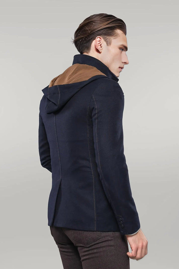 3 Pockets Hooded Zippered Wool Navy Blue Men Short Coat-Wessi