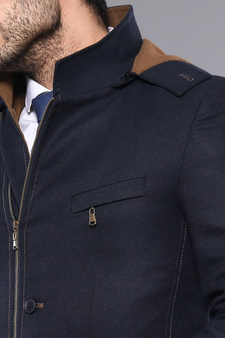 Cappotto corto da uomo in lana blu navy con 3 tasche con cappuccio e cerniera-Wessi
