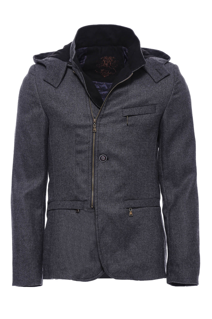 3 Pockets Hooded Zippered Wool Grey Men Short Coat-Wessi