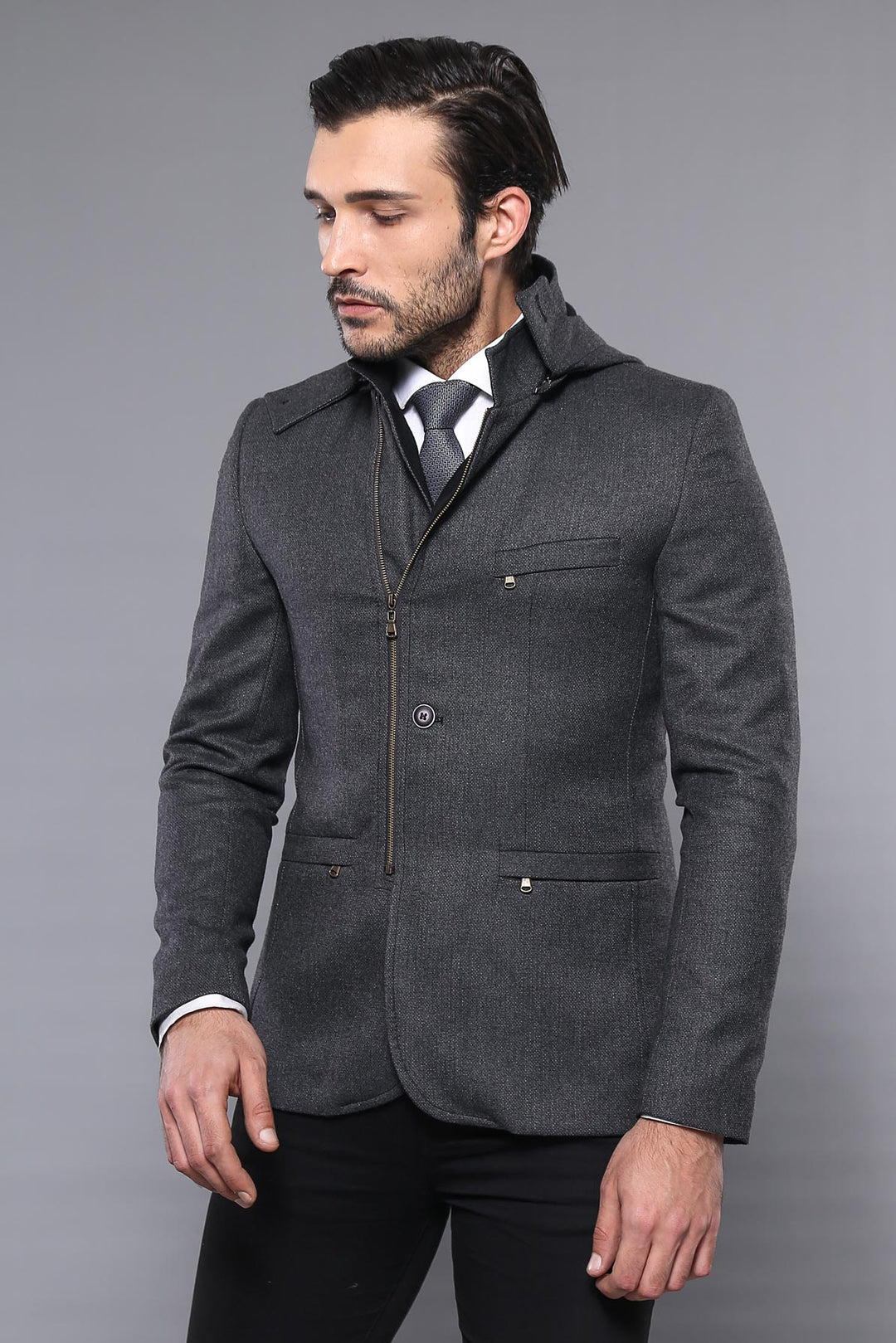 Cappotto corto da uomo grigio in lana con cerniera e cappuccio a 3 tasche-Wessi