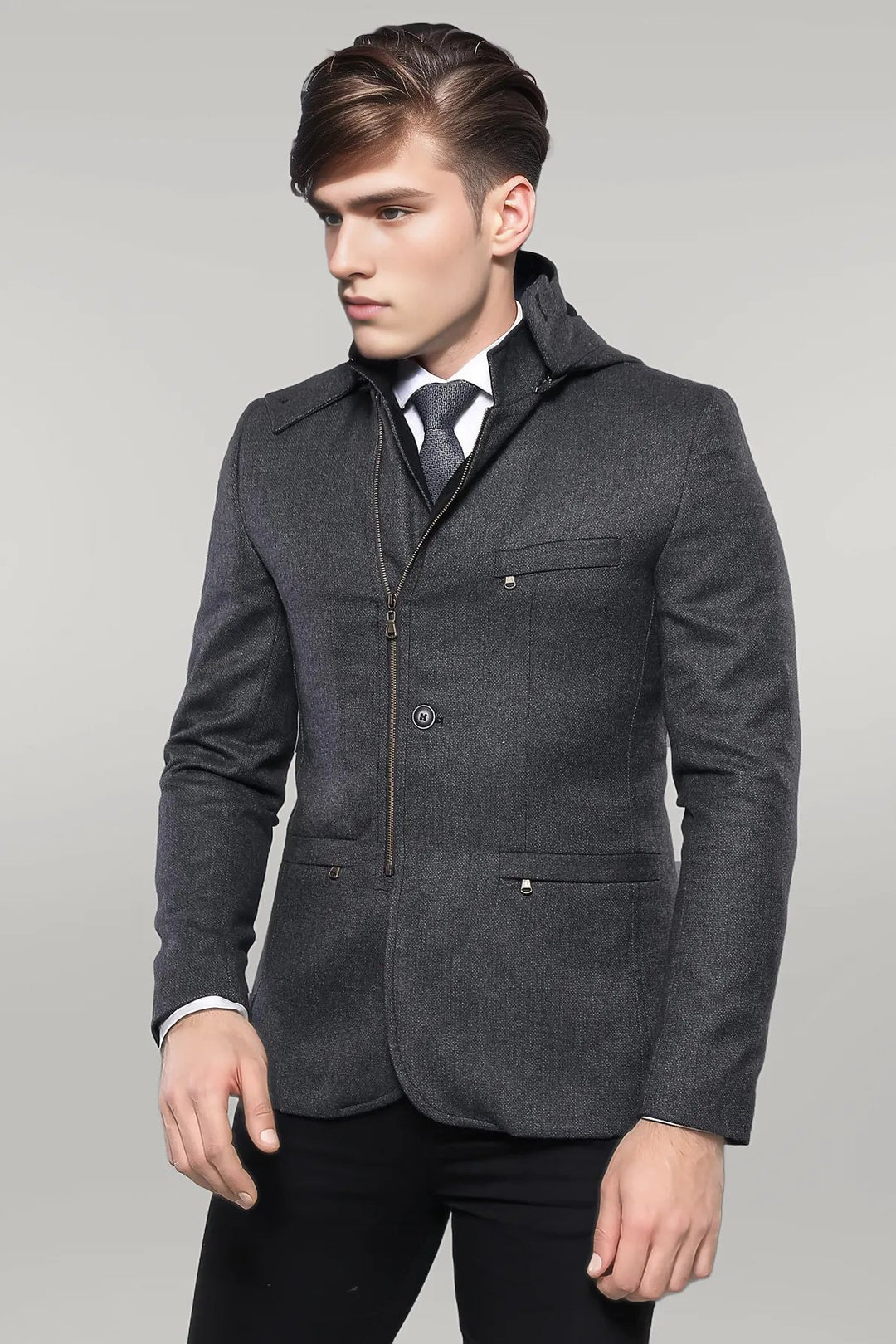 3 Pockets Hooded Zippered Wool Grey Men Short Coat-Wessi