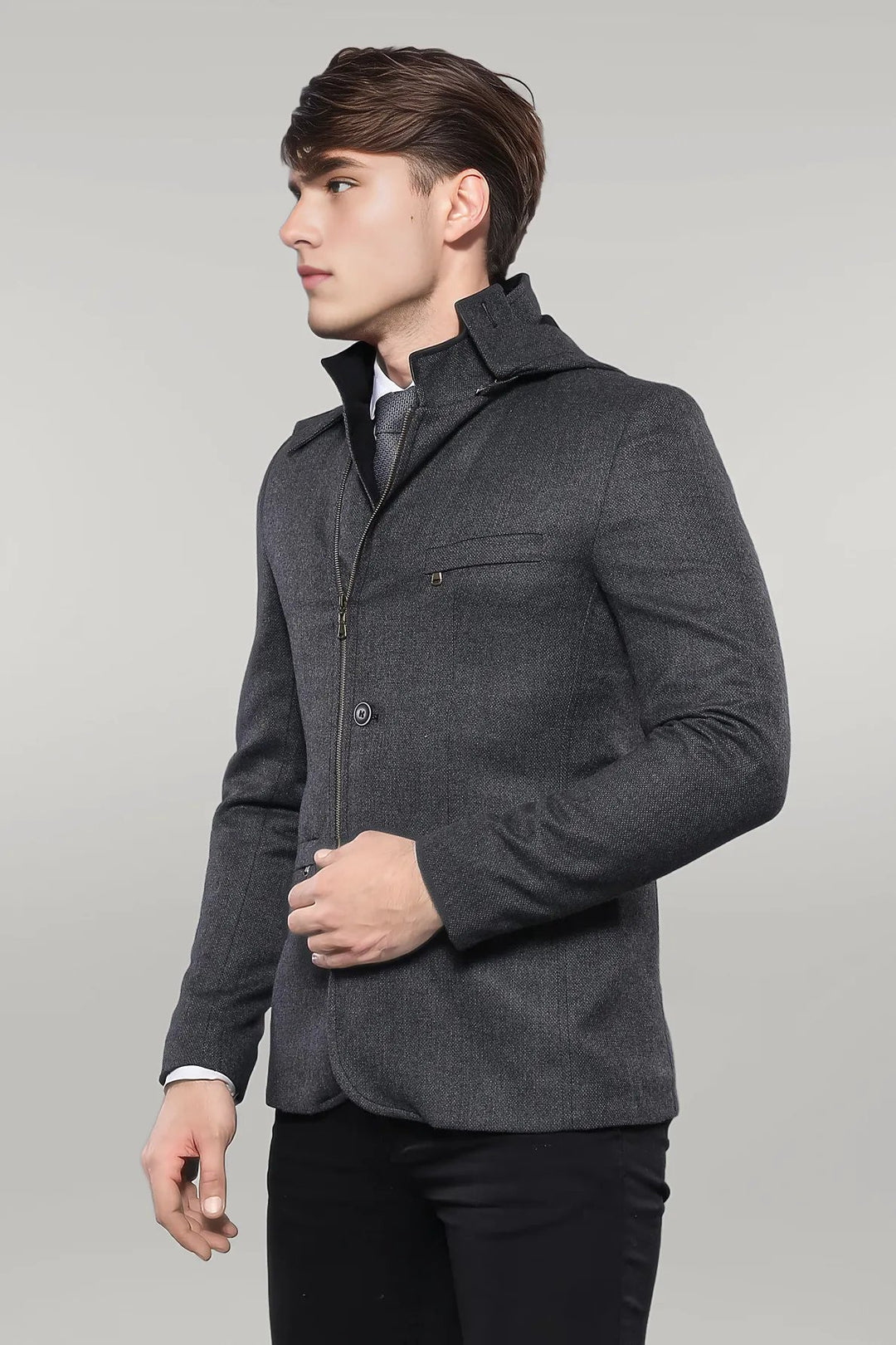 3 Pockets Hooded Zippered Wool Grey Men Short Coat-Wessi