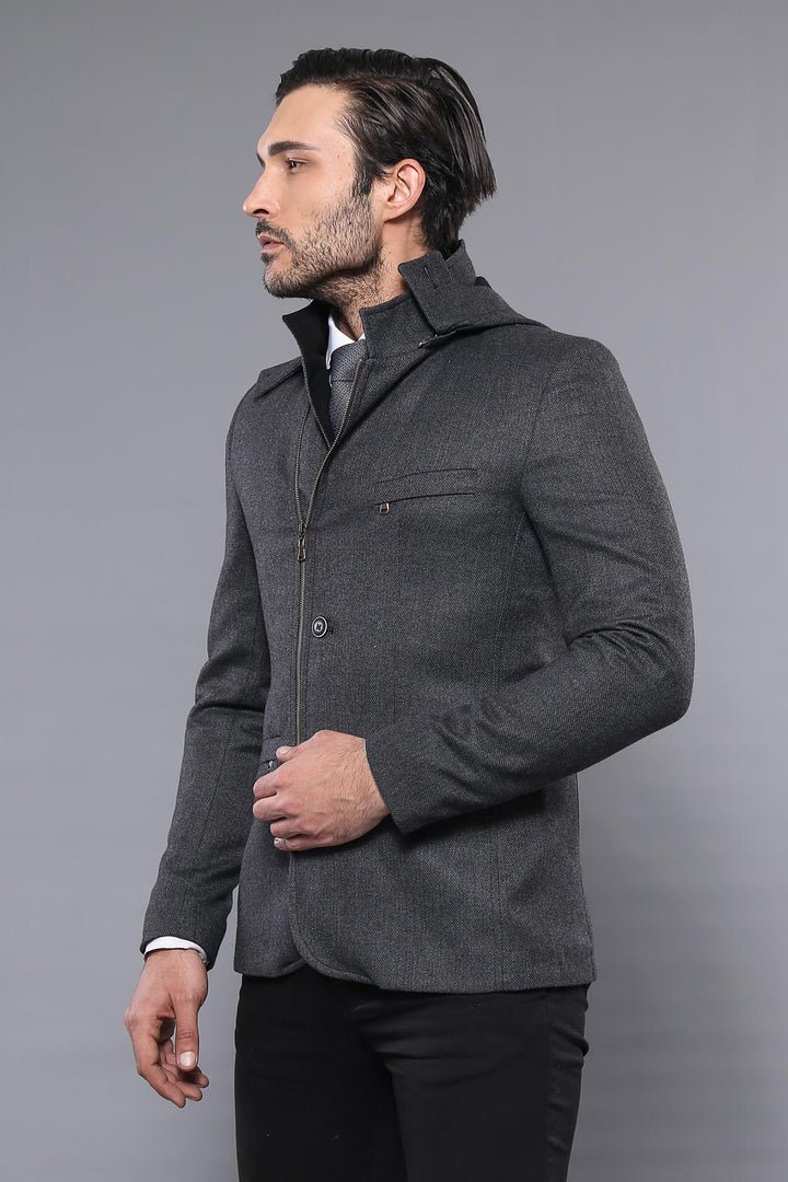Cappotto corto da uomo grigio in lana con cerniera e cappuccio a 3 tasche-Wessi