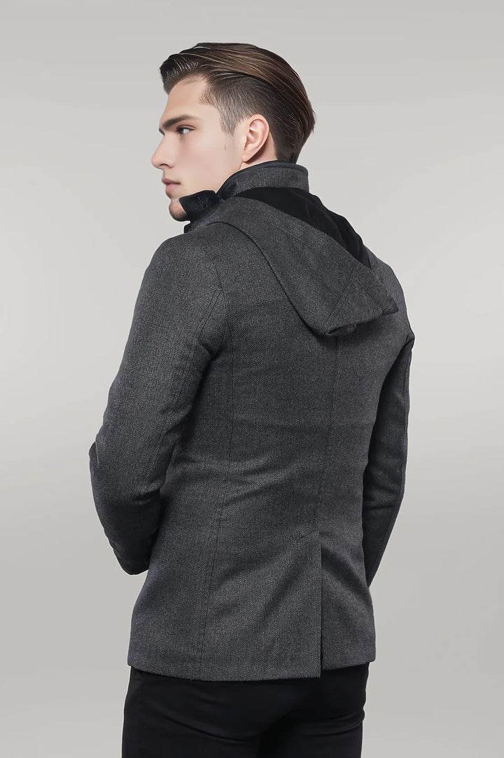 3 Pockets Hooded Zippered Wool Grey Men Short Coat-Wessi