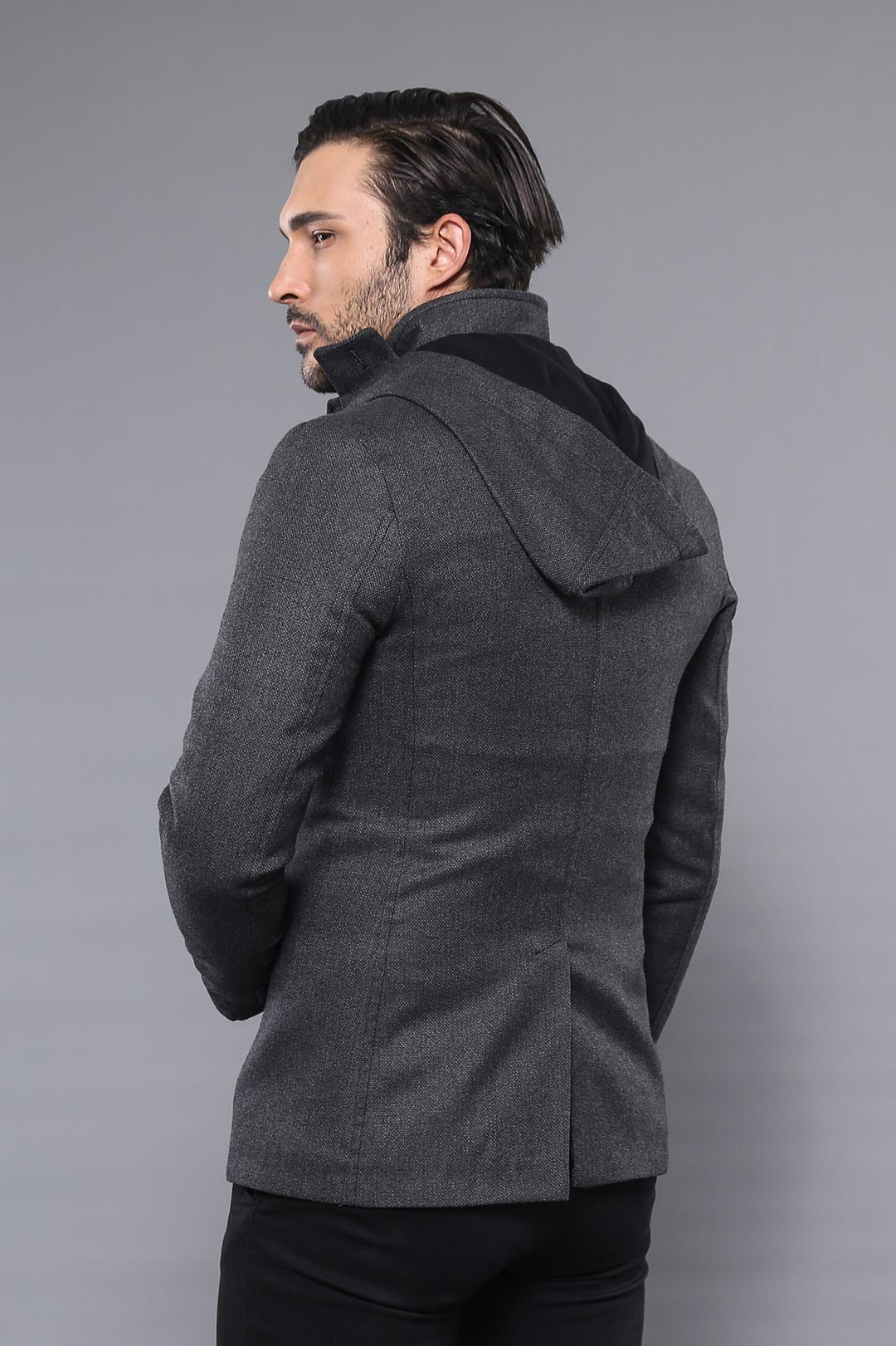 Cappotto corto da uomo grigio in lana con cerniera e cappuccio a 3 tasche-Wessi
