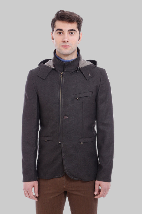 3 Pockets Hooded Zippered Wool Brown Men Short Coat-Wessi