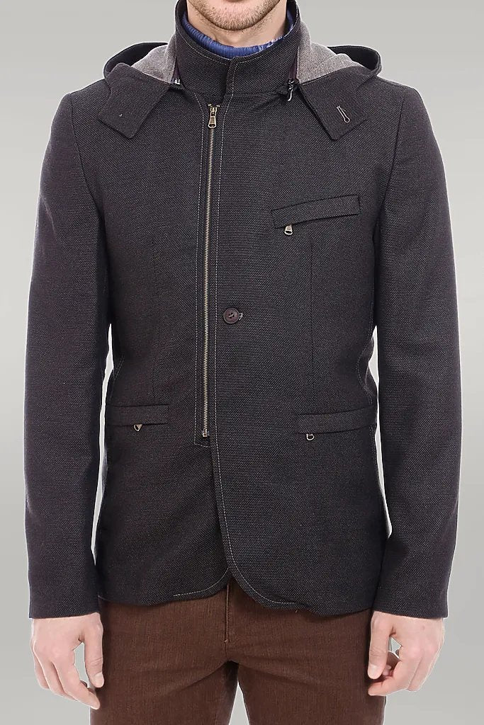 Cappotto corto da uomo in lana marrone con cerniera con cappuccio e 3 tasche-Wessi