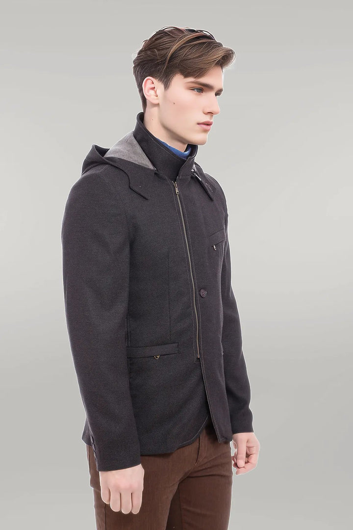 Cappotto corto da uomo in lana marrone con cerniera con cappuccio e 3 tasche-Wessi