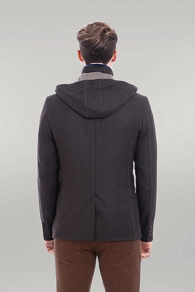 Cappotto corto da uomo in lana marrone con cerniera con cappuccio e 3 tasche-Wessi