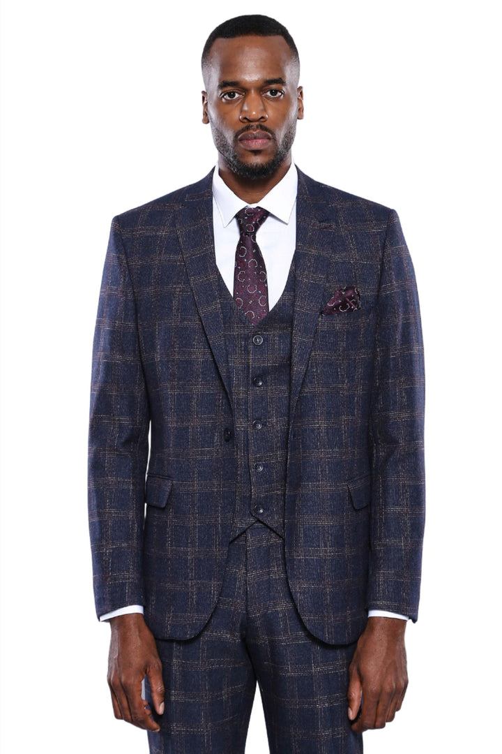 Checked Slim-Fit Navy Blue Men Blazer - Wessi