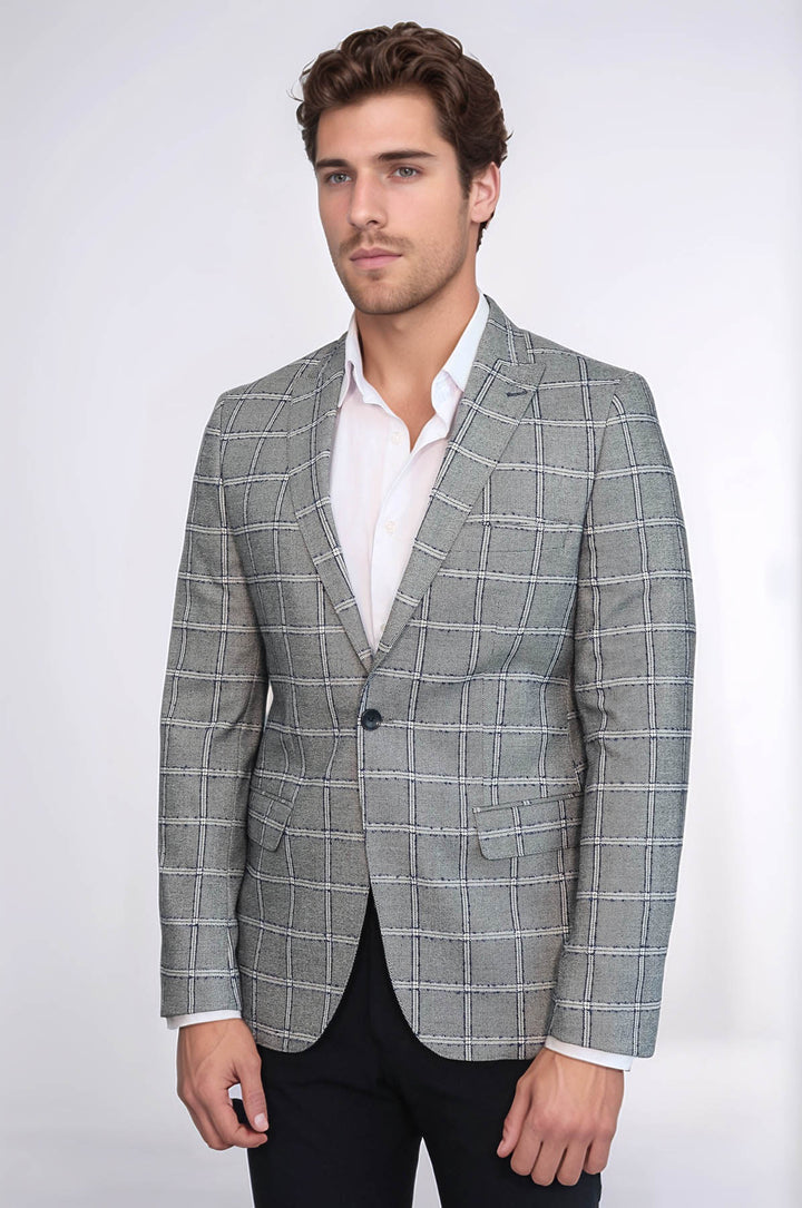 Blazer Homme Gris Coupe Slim à Carreaux - Wessi
