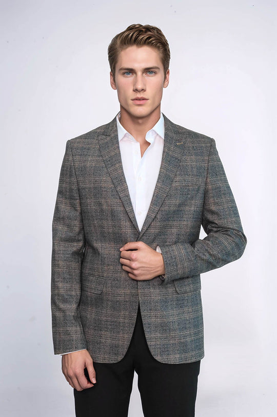 Checked Slim-Fit Dark Grey Men Blazer - Wessi